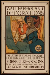 4s0141 JOHN GILKES & SONS 31x47 English advertising poster 1920s Leigh art of woman examining wallpaper!
