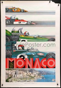 4s0330 MONACO 20x29 French special poster 1973 J. Ramel art of four race cars and image of city!