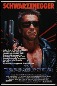 4s1144 TERMINATOR 1sh 1984 close up of classic cyborg Arnold Schwarzenegger with gun, border style!