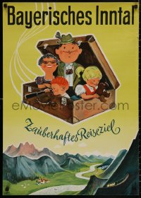 4s0105 BAYERISCHES INNTAL 23x33 German travel poster 1950s Thurm flying family suitcase art, rare!