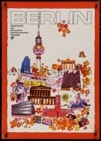 4s0093 BERLIN 23x32 East German travel poster 1972 Brandenburg Gate and the Fernsehturm tower!