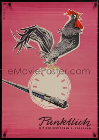 4s0106 GERMAN FEDERAL RAILWAY 23x33 German travel poster 1954 rooster on clock by Grave-Schmandt!