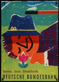 4s0111 GERMAN FEDERAL RAILWAY 24x33 German travel poster 1957 man with flower on ground by Muller!