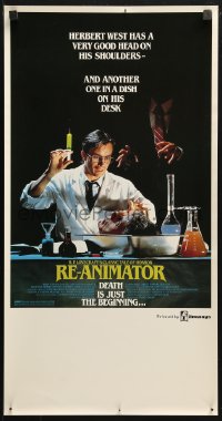 4t0025 RE-ANIMATOR Aust daybill 1986 image of mad scientist Jeffrey Combs with severed head in bowl!