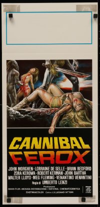 4t0333 CANNIBAL FEROX Italian locandina 1981 Umberto Lenzi, natives w/machetes torturing women!