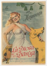 4t0941 DOWN TO EARTH Spanish herald 1949 different image of beautiful Rita Hayworth on toy horse!