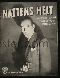 4t0678 ALL THROUGH THE NIGHT Danish program 1950 c/u of tough Humphrey Bogart pointing gun, rare!