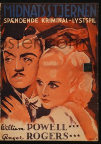 4t0840 STAR OF MIDNIGHT Danish program 1936 art of William Powell & Ginger Rogers by Frederiksen!