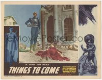 4w0813 THINGS TO COME LC #7 R1947 Raymond Massey in cool space suit explores, William Cameron Menzies