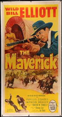 4y0012 MAVERICK linen 3sh 1953 c/u of U.S. Cavalry soldier Wild Bill Elliott w/ gun, Phyllis Coates!