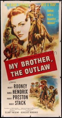 4y0013 MY OUTLAW BROTHER linen 3sh 1951 art of Mickey Rooney on horse, Wanda Hendrix, ultra rare!