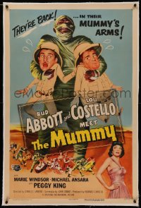 4y0021 ABBOTT & COSTELLO MEET THE MUMMY linen 1sh 1955 Bud & Lou are back in their mummy's arms!