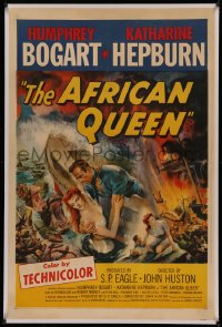 4y0022 AFRICAN QUEEN linen 1sh 1952 colorful montage artwork of Humphrey Bogart & Katharine Hepburn!