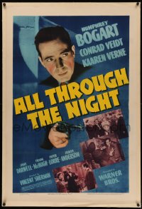 4y0023 ALL THROUGH THE NIGHT linen 1sh 1942 great c/u of tough Humphrey Bogart pointing gun, rare!