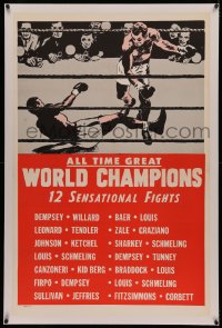 4y0024 ALL TIME GREAT WORLD CHAMPIONS linen 1sh 1940s Jack Dempsey, Joe Louis, Rocky Graziano, boxing!
