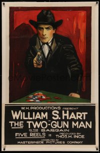 4y0029 BARGAIN linen 1sh R1918 art of William S. Hart w/gun by poker chips in 1st movie, ultra rare!
