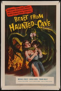 4y0031 BEAST FROM HAUNTED CAVE linen 1sh 1959 uncensored art of monster with sexy near-naked victim!