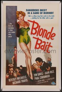 4y0034 BLONDE BAIT linen 1sh R1950s full-length sexy smoking bad girl Beverly Michaels is a silken trap!