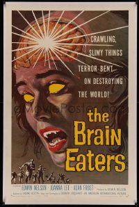 4y0036 BRAIN EATERS linen 1sh 1958 AIP, classic close-up sci-fi horror art of girl's brain exploding!