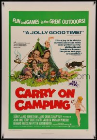 4y0048 CARRY ON CAMPING linen 1sh 1971 Sidney James, English nudist sex, wacky Fratini outdoors art!