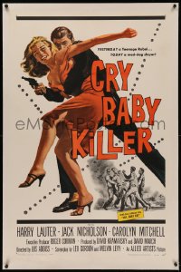 4y0060 CRY BABY KILLER linen 1sh 1958 first Jack Nicholson, cool art of criminal with girl and gun!