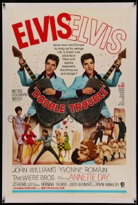 4y0070 DOUBLE TROUBLE linen 1sh 1967 cool mirror image of rockin' Elvis Presley playing guitar!