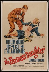 4y0078 FARMER'S DAUGHTER linen 1sh 1947 artwork of Joseph Cotten helping fallen maid Loretta Young!