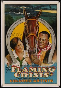 4y0079 FLAMING CRISIS linen 1sh 1924 stone litho of black newspaperman turned cowboy w/girl & horse