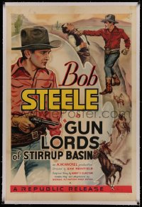 4y0098 GUN LORDS OF STIRRUP BASIN linen 1sh 1937 art of cowboy Bob Steele w/gun & punching, rare!