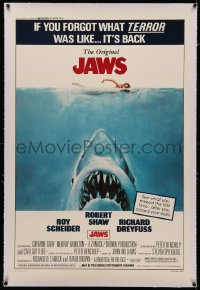 4y0111 JAWS linen 1sh R1979 Kastel art of Spielberg's man-eating shark attacking sexy swimmer!