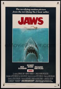 4y0110 JAWS linen 1sh 1975 Roger Kastel art of Spielberg's man-eating shark attacking sexy swimmer!