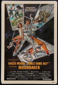 4y0141 MOONRAKER linen style B int'l 1sh 1979 art of Roger Moore as Bond & Chiles in space by Goozee!