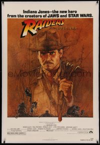 4y0170 RAIDERS OF THE LOST ARK linen 1sh 1981 great art of adventurer Harrison Ford by Richard Amsel