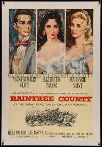 4y0171 RAINTREE COUNTY linen 1sh 1957 art of Montgomery Clift, Elizabeth Taylor & Eva Marie Saint!