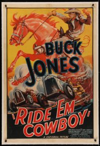 4y0176 RIDE 'EM COWBOY linen 1sh 1936 great art of cowboy Buck Jones on horse over race cars, rare!