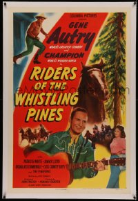 4y0177 RIDERS OF THE WHISTLING PINES linen 1sh 1949 singing cowboy Gene Autry w/ guitar & Champion!