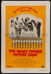 4y0181 ROCKY HORROR PICTURE SHOW linen style B 1sh 1975 Tim Curry is the hero, wacky cast portrait!