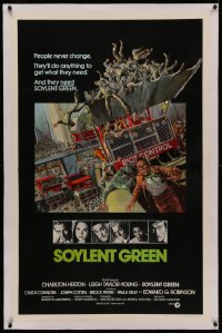 4y0193 SOYLENT GREEN linen int'l 1sh 1973 Solie art of Charlton Heston running from riot control!