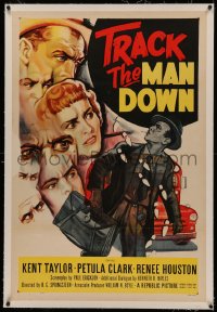 4y0216 TRACK THE MAN DOWN linen 1sh 1955 cool art of detective Kent Taylor tracing footsteps, Petula Clark