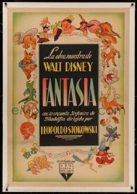 4z0068 FANTASIA linen Argentinean 1942 Walt Disney classic, art of Mickey Mouse & cast, very rare!