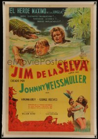 4z0069 JUNGLE JIM linen Argentinean 1950 art of Weissmuller & Grey in river with crocodile, rare!