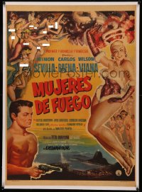 4z0102 MUJERES DE FUEGO linen Mexican poster 1959 sexy art of naked showgirls + full-length dancer!