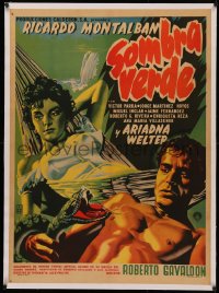 4z0105 SOMBRA VERDE linen Mexican poster 1956 art of Ricardo Montalban attacked by snake by sexy woman!