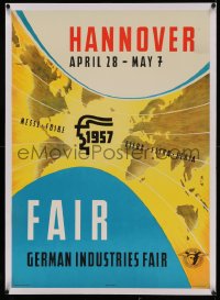 4z0156 HANNOVER FAIR linen 24x33 German special poster 1957 German Industries Fair, world map art!