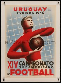 4z0152 XIV CAMPEONATO SUDAMERICANO DE FOOTBALL linen 20x29 Uruguayan special poster 1942 Bonelli art!