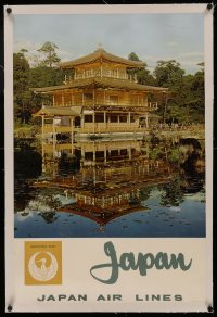 4z0119 JAPAN AIR LINES JAPAN linen 20x21 Japanese travel poster 1960s the Gold Pavillion in Kyoto!