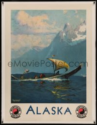 4z0122 NORTHERN PACIFIC ALASKA linen 30x40 travel poster 1940s Sydney Laurence art of Eskimos at sea!