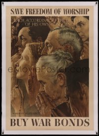 4z0129 SAVE FREEDOM OF WORSHIP linen 29x41 WWII war poster 1943 Norman Rockwell Four Freedoms art!