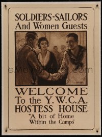 4z0130 SOLDIERS SAILORS & WOMEN GUESTS linen 29x38 WWI war poster 1918 YMCA Hostess House, Tittle art!