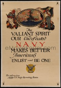 4z0133 VALIANT SPIRIT OF OUR UNDEFEATED NAVY linen 28x42 war poster 1919 Henry Reuterdahl art, rare!